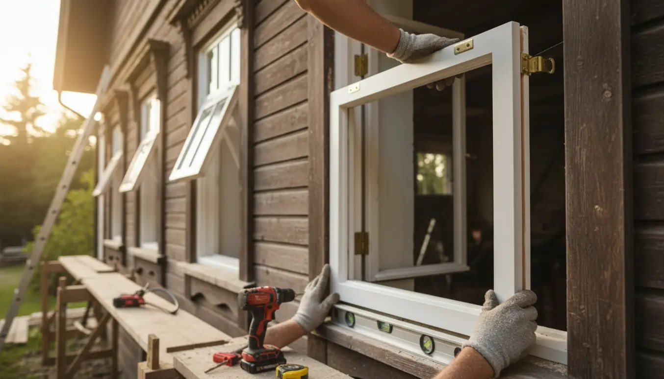 En håndværker monterer et topstyret vindue i en 1912-villa med værktøj og stillads i billedet.