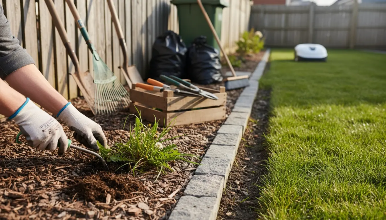 Nærbillede af havearbejde med rensede bede, redskaber og beholdere til haveaffald ved en flisekant.