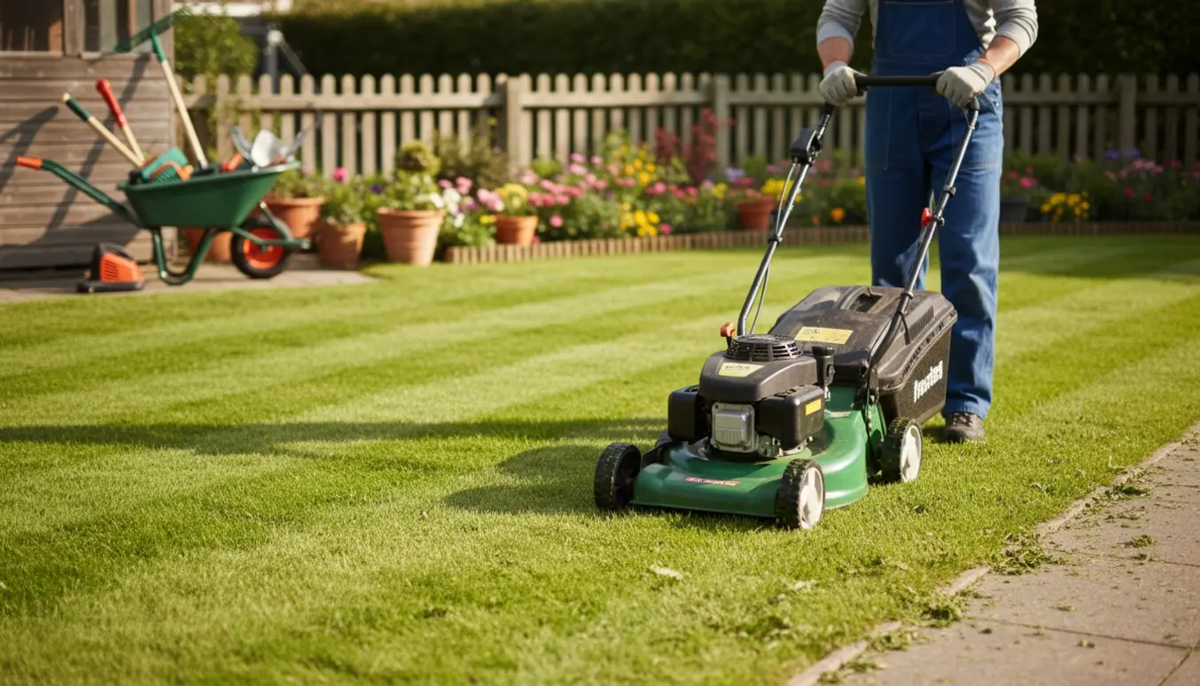 Person slår græsset i en solrig forhave med en push-plæneklipper, ansigtet er ikke synligt.