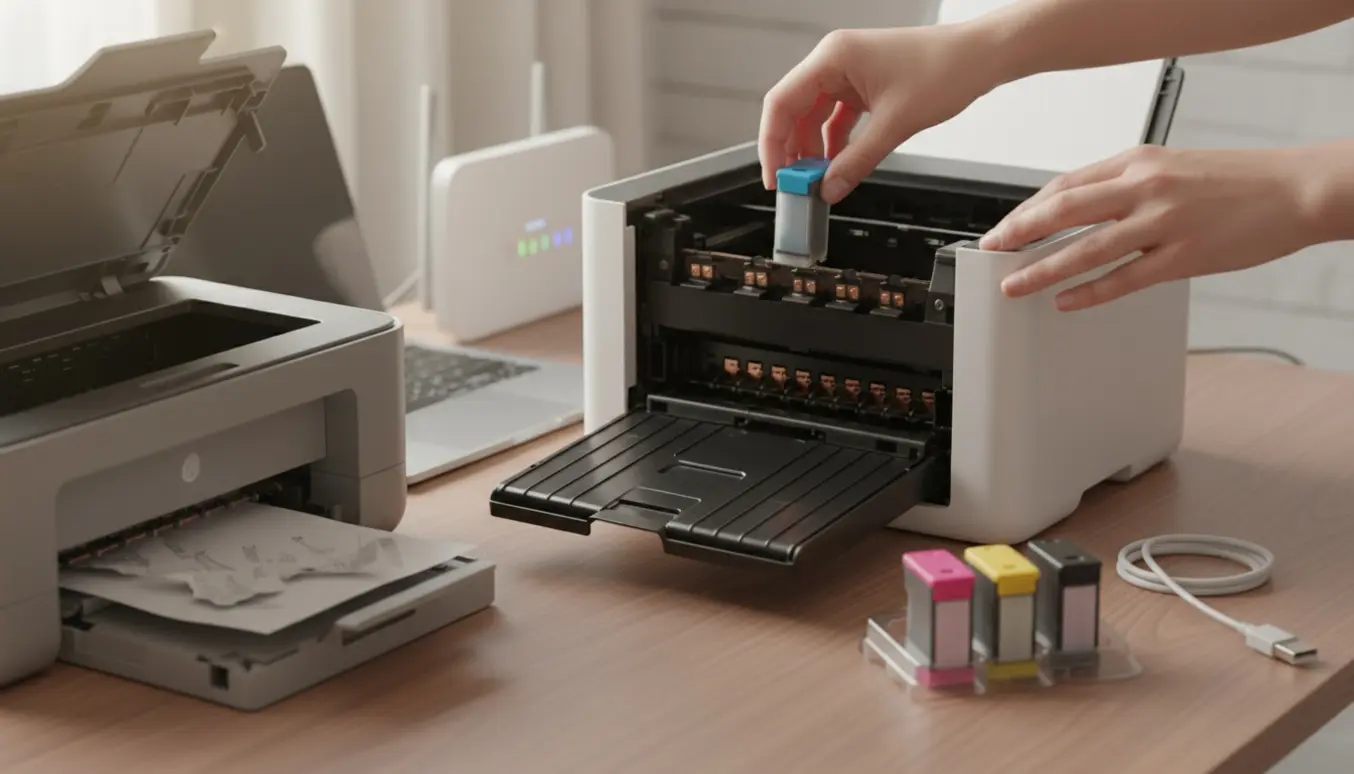 Hænder installerer blækpatroner i en ny printer på et skrivebord med bærbar og router.