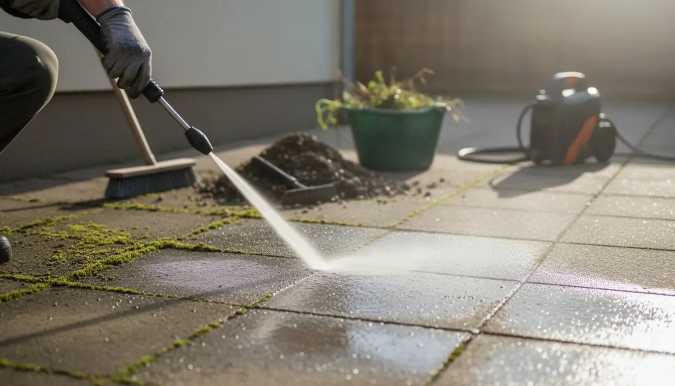 Hænder med højtryksrenser vasker fliser og fjerner ukrudt på en terrasse.