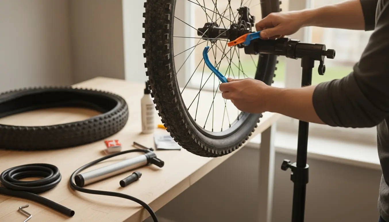 Nærbillede af hænder der skifter slange og dæk på et MTB-hjul i et hjemmeværksted.