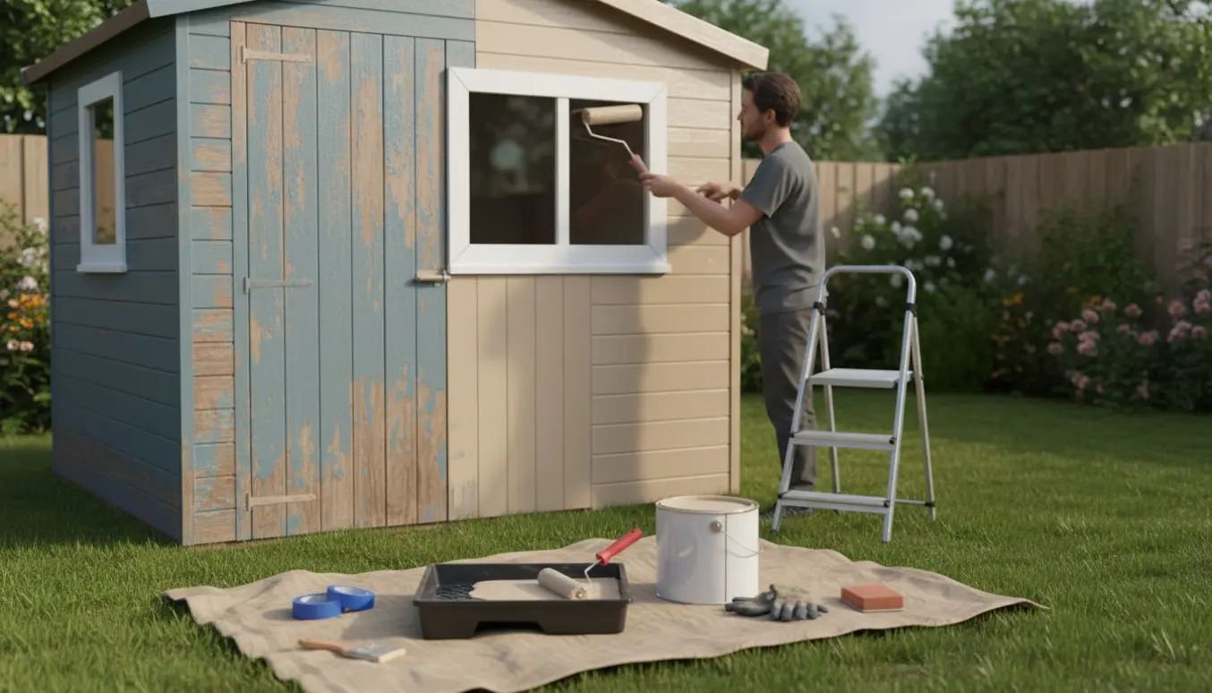 Lille udhus under maling i en solbelyst have med malerbøtte, rulle og pensel, hvor den ene side er nymalet.