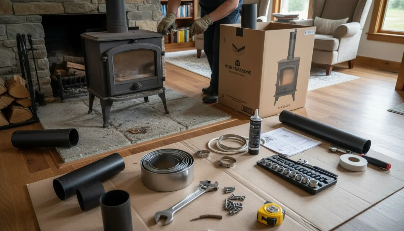 Nærbillede af udskiftning af brændeovn med værktøj, rør og nye dele klar til montering.