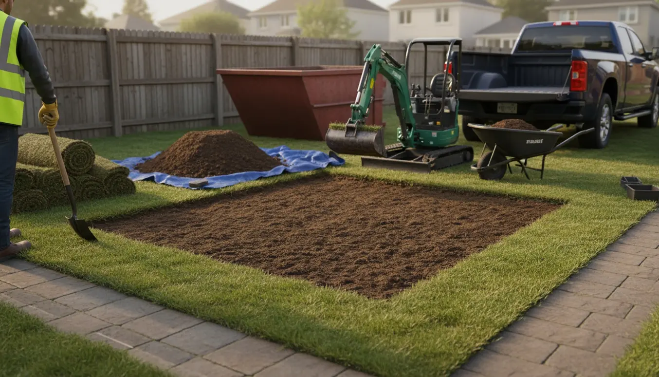 Opgravning af muldjord til grund for skur med rullet græs, minigraver og læsseklar bil.