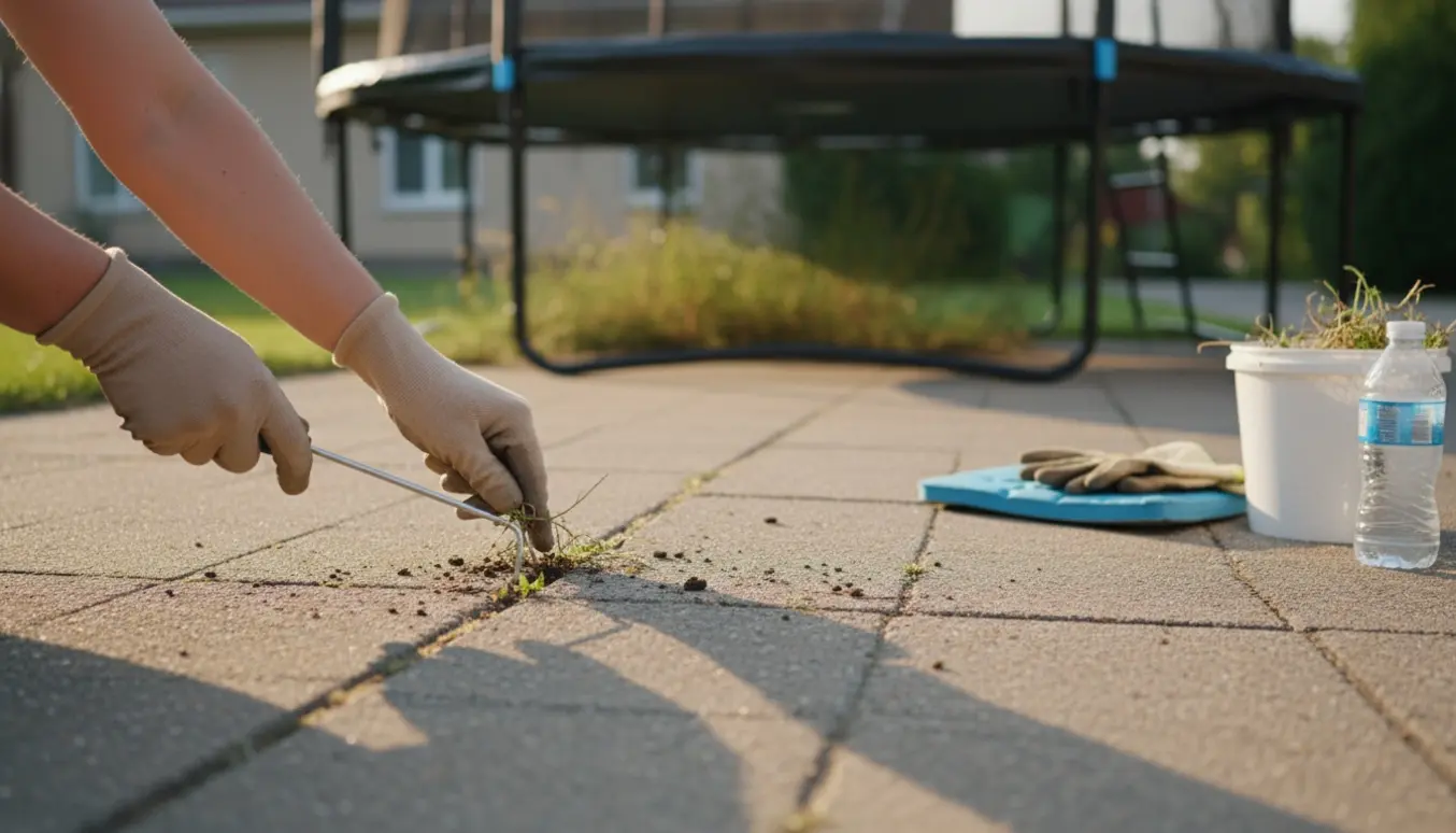 Nærbillede af hænder, der fjerner ukrudt mellem fliser i indkørslen under en trampolin.