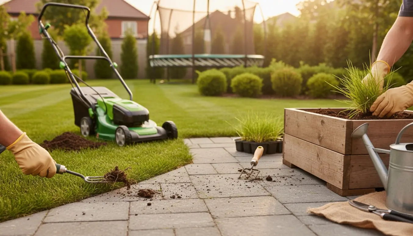 Havearbejde i baghaven med ukrudtsrensning mellem fliser, slået græs, plantekasse med nye græsser og beskåret bed ved en trampolin.