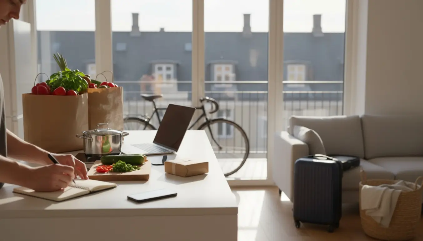 Køkkenscene med hænder, der planlægger opgaver ved en laptop, indkøbsposer, pakke og vasketøj i baggrunden.