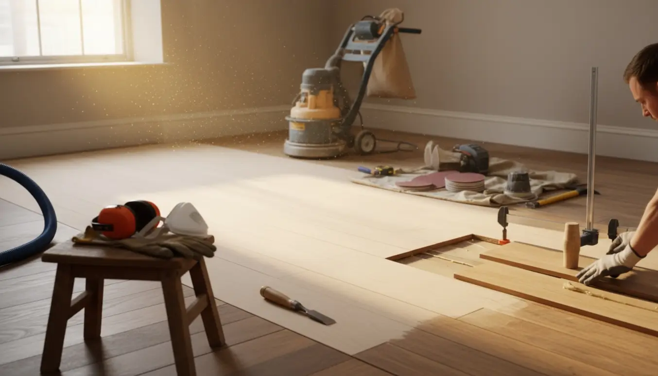 Lyst rum med delvist slebet trægulv og udskiftet rektangulær planke, værktøj og klemmer ved siden af.