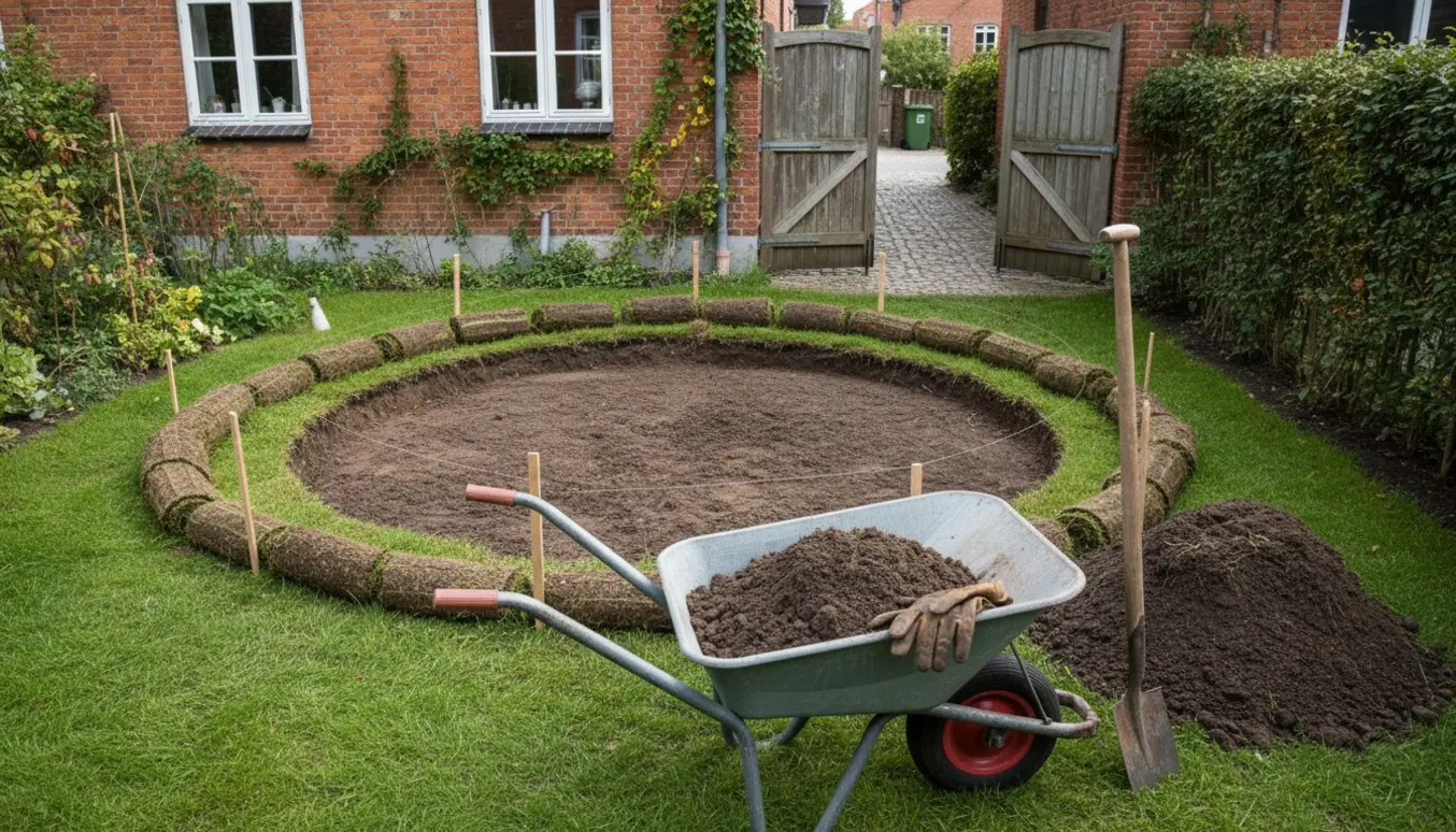 Udgravning til trampolin i en parcelhave med trillebør, skovle og opstablet jord.