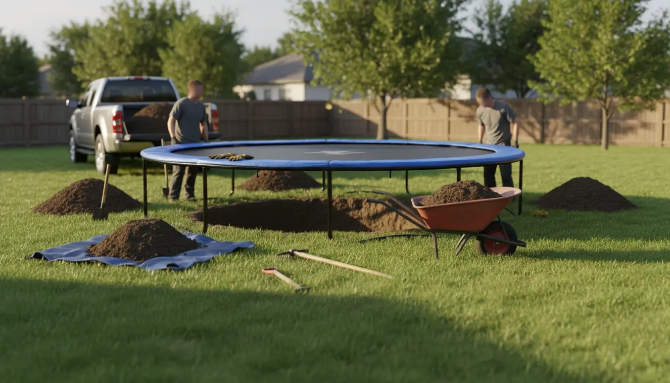 Delvist nedgravet trampolin i baghaven med skovlet jord og trillebør klar til bortskaffelse.