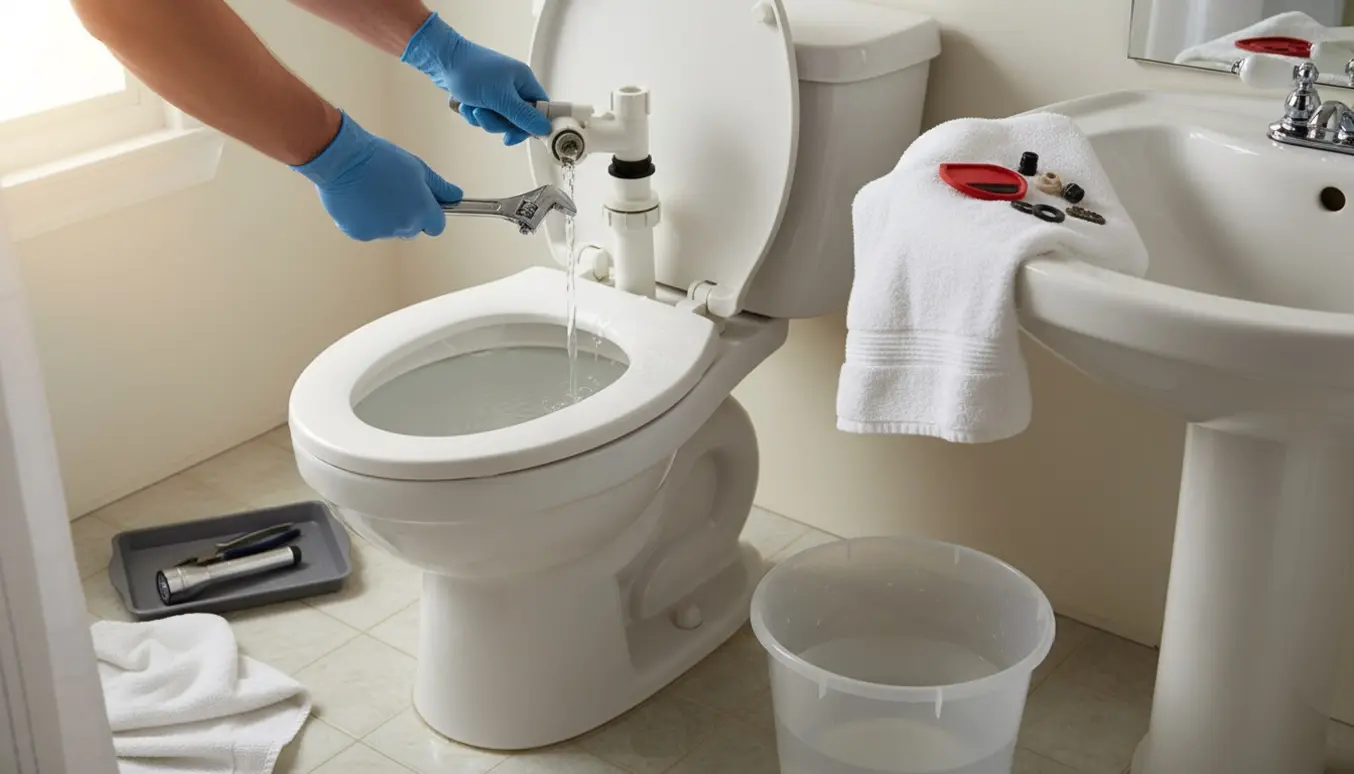 Nærbillede af hænder, der reparerer en åben toiletcisterne med værktøj og vanddråber.