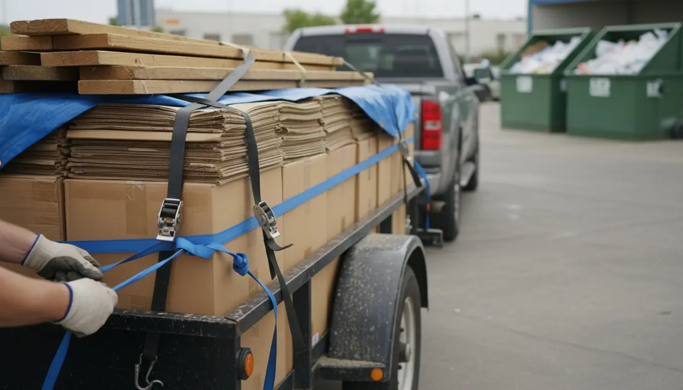 En trailer fyldt med sammenfoldet pap og træ dækket med en presenning ved en genbrugsplads.