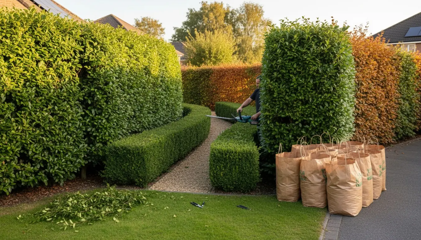 Batteridrevet hækkeklipper ved en hjørnegrund med nyskårne liguster- og bøgehække og fyldte haveaffaldsposer.
