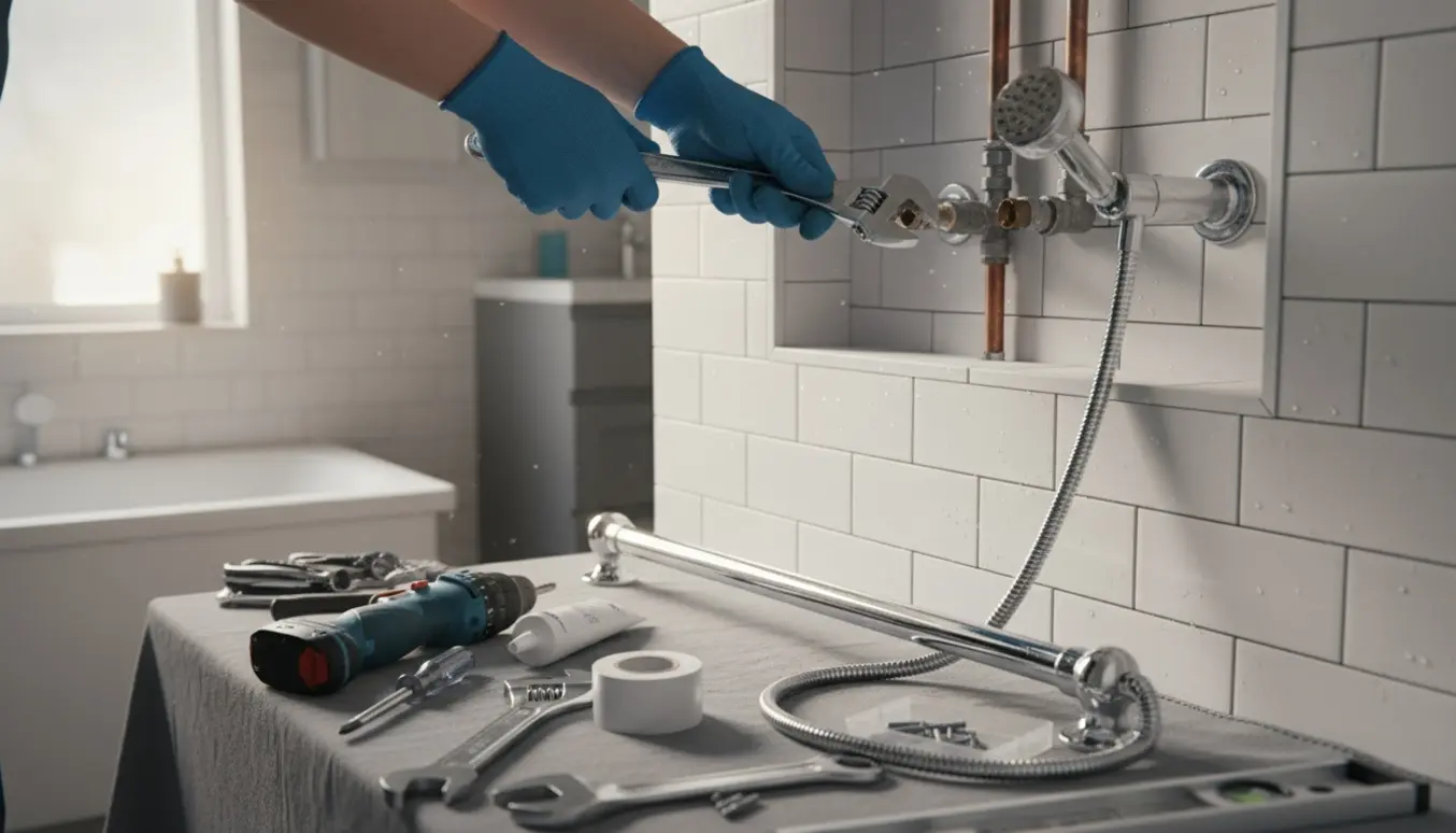 Nærbillede af afmontering og genmontering af et krom brusesæt i et flisebadeværelse med værktøj klar på en afdækningsklud.