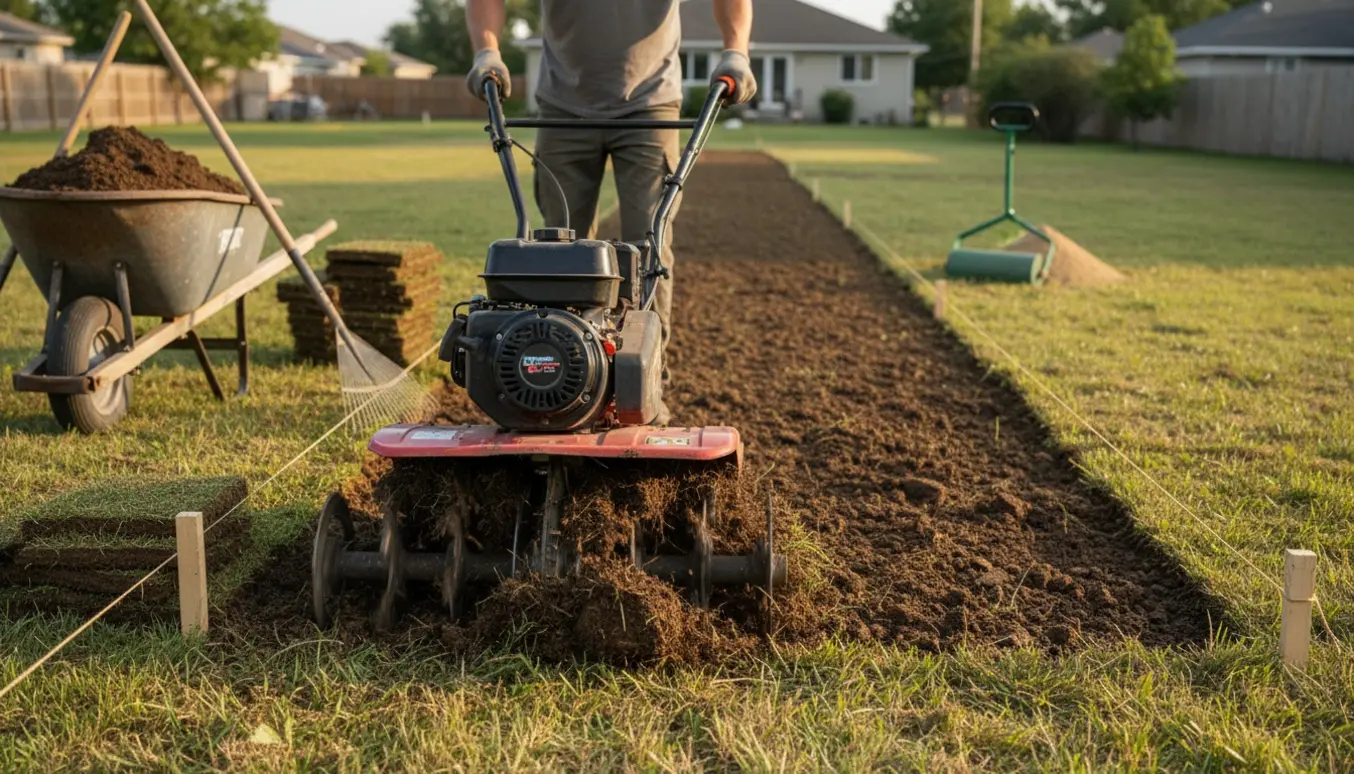 En jordfræser jævner en ujævn græsplæne i en forstadshave med værktøj og nyvendt jord i blødt morgenlys.