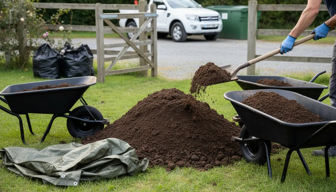 Trillebør fyldt med muldjord foran en smal åben haveport med skovl og sække klar til afhentning.