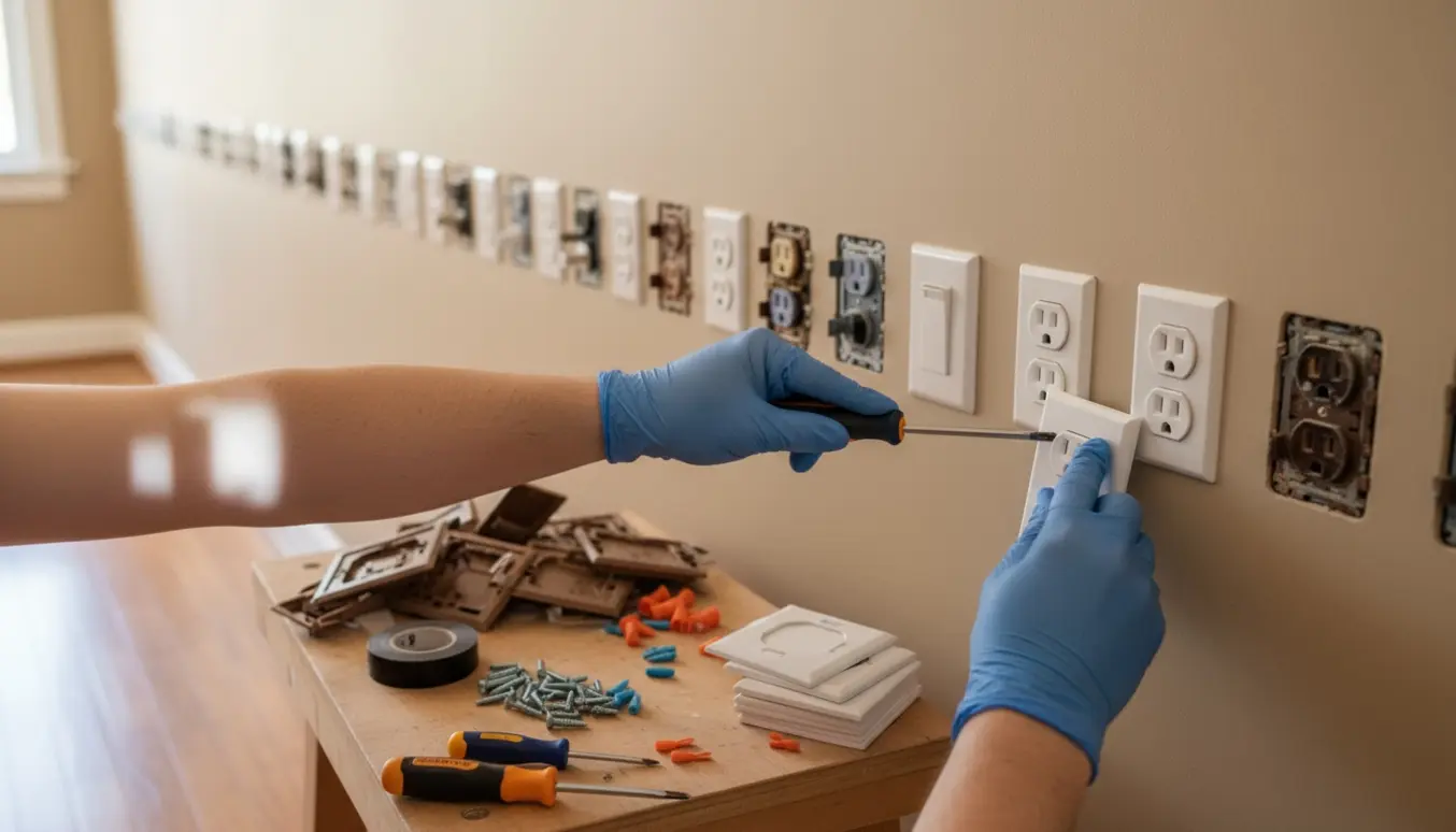 Nok 25 gamle grå/brune stikkontakter ved en væg, hvor nye hvide stikkontakter installeres med værktøj på et bord.