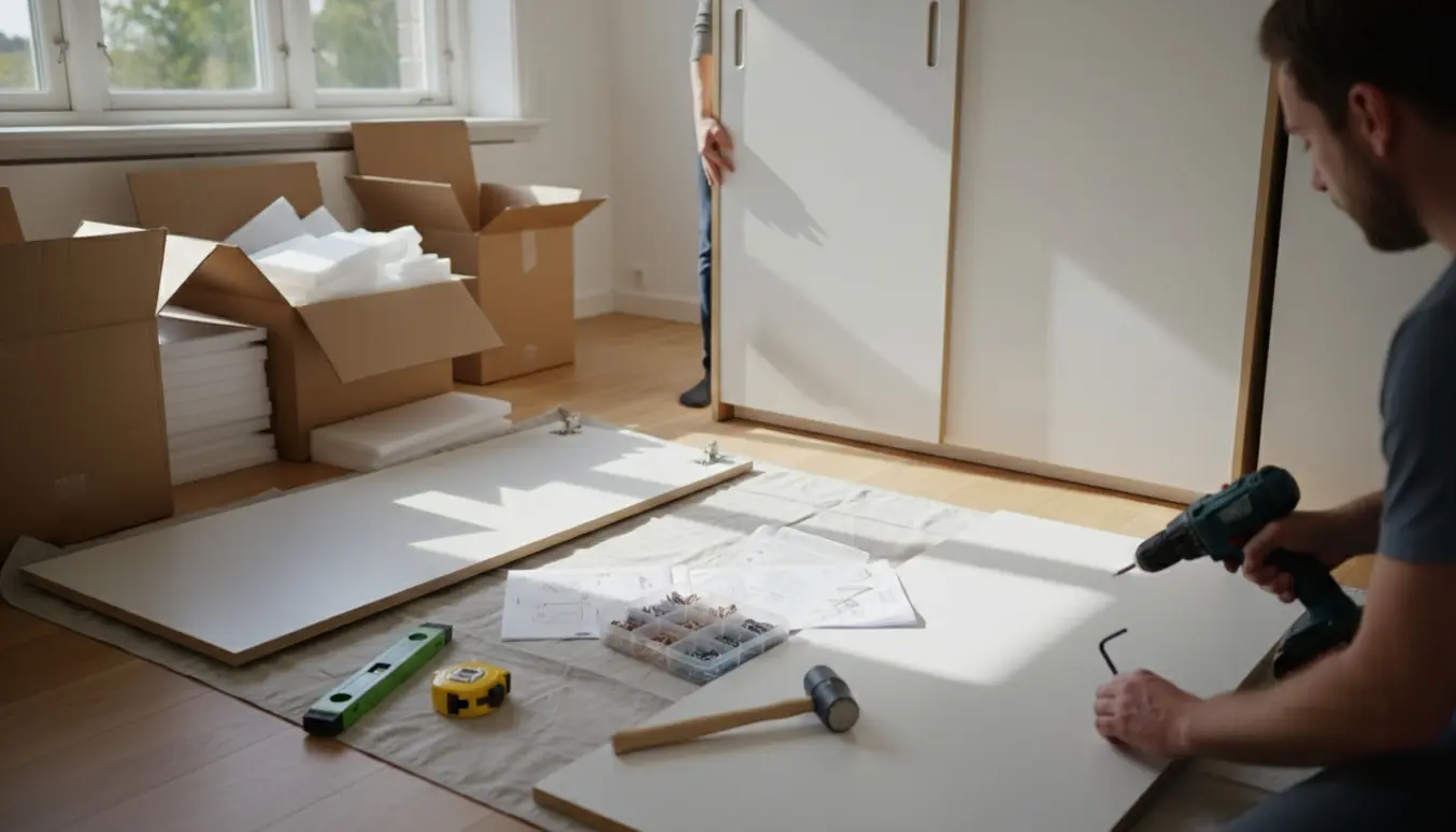 Montage af hvidt garderobeskab med lyse trækanter og værktøj spredt på gulvet.