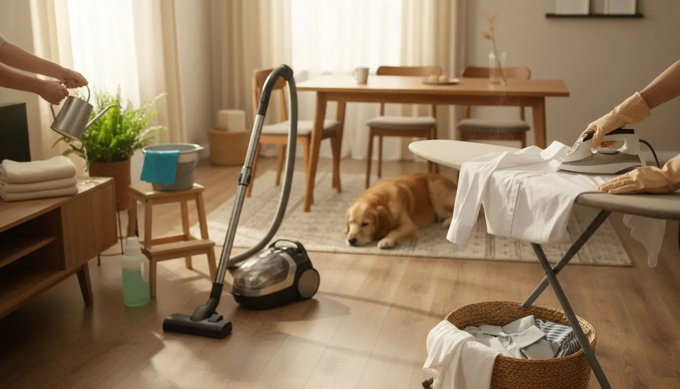 Lys og ryddelig stue med strygebræt, vasketøj, rengøringsudstyr og en hund, mens hænder vander en plante.