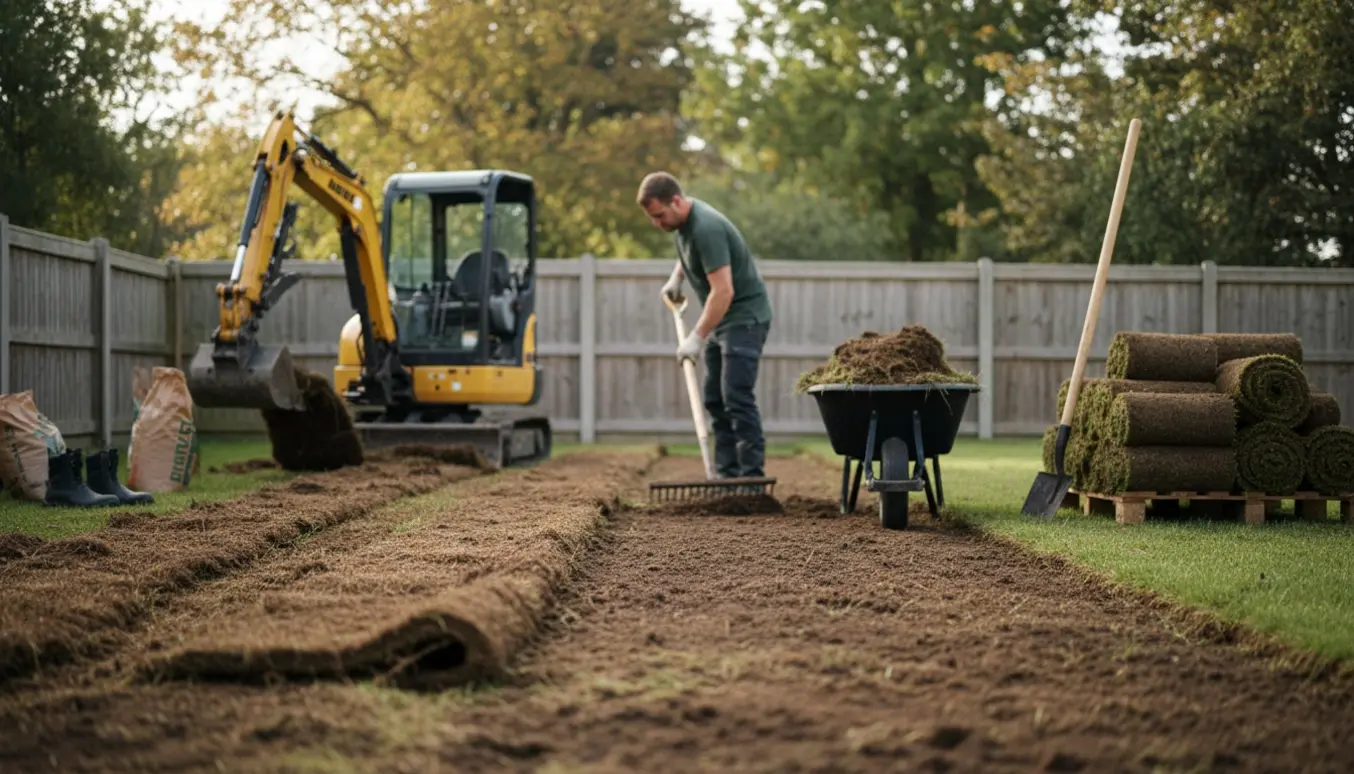 Mini-graver fjerner gammel græsplæne, jord blottes og ny jord lægges klar til såning.