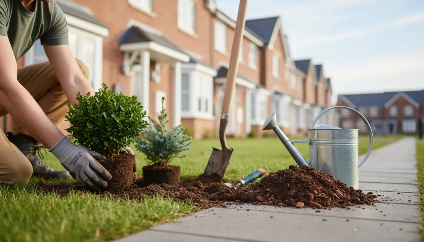 Nærbillede af beplantning ved et rækkehus med stedsegrønne buske, haveredskaber og frisk muldet jord.