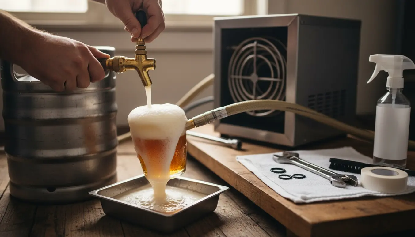 Hænder justerer en Messing Model S Micromatic-kobling på et fadølssystem med skummende øl og køleanlæg i baggrunden.
