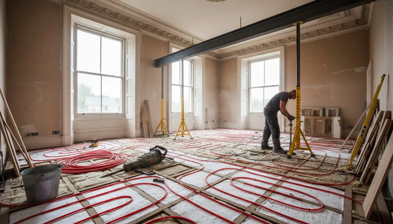 Renovering i et gammelt 1880-hus med fjernet gulv, lagt gulvvarmerør og monteret stålbæring, arbejdere uden synlige ansigter.