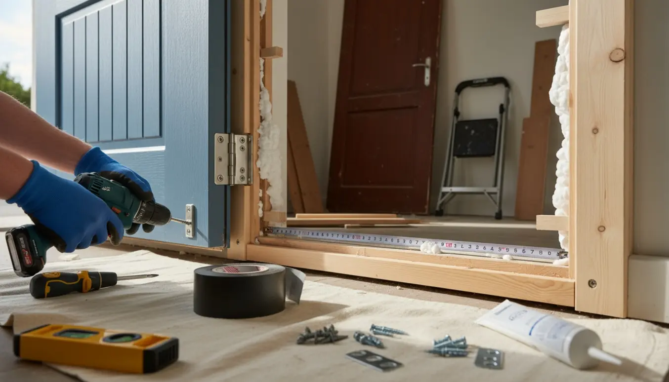 Ny, isoleret hoveddør under montering i entréen med værktøj og døren slået udad.