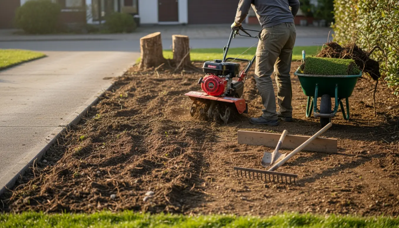 Forberedt jordstykke ved indkørsel klar til ny græsplæne med fræser, rive og trillebør.