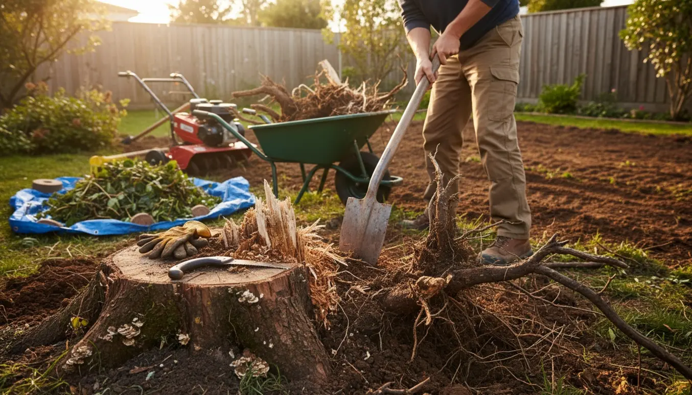 Opgravning af rødder og fjernelse af en rådden træstub i en have.