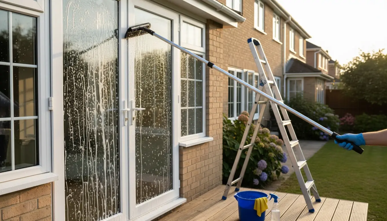 Udendørs vinduespudser tørrer en glasdør med forlængerskaft, med spand, stige og rene vinduer omkring huset.