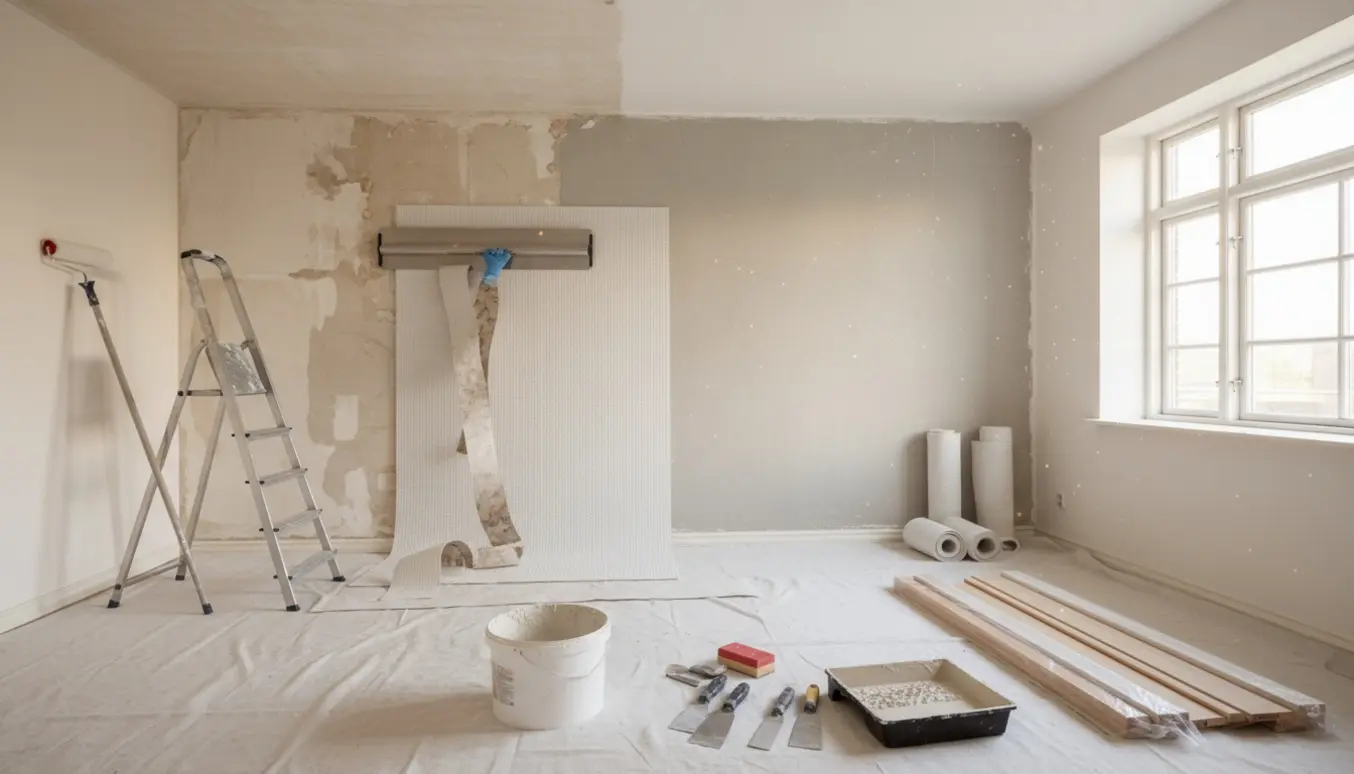 Tom stue under renovering med afrevet tapet, nymørtlet væg, opsat væv og malerudstyr i dagslys.