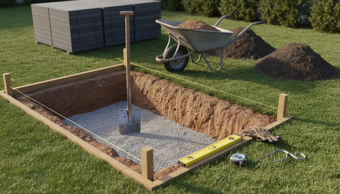 Udhugget haveareal til terrasse med skovl, trillebør, snoreafmærkning og jordbunker.