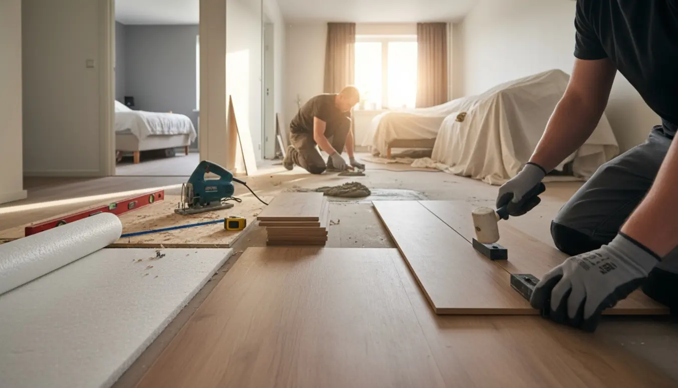 Hænder lægger klikgulv over spånplade og lyddæmpende underlag i en solbelyst lejlighed.