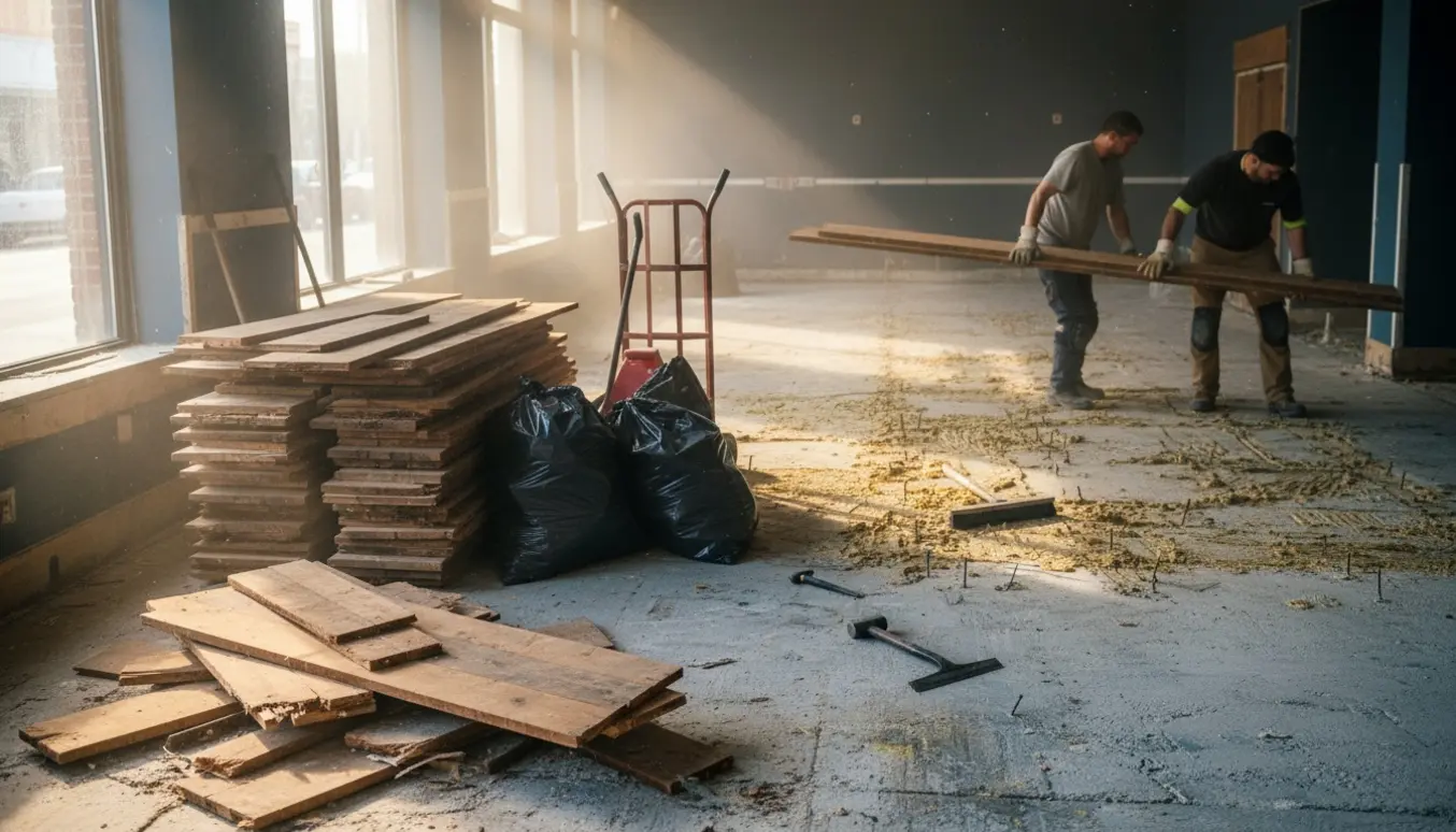 To personer fjerner et gammelt limet trægulv i et jordplans restaurantlokale med stakke af planker og værktøj i forgrunden.