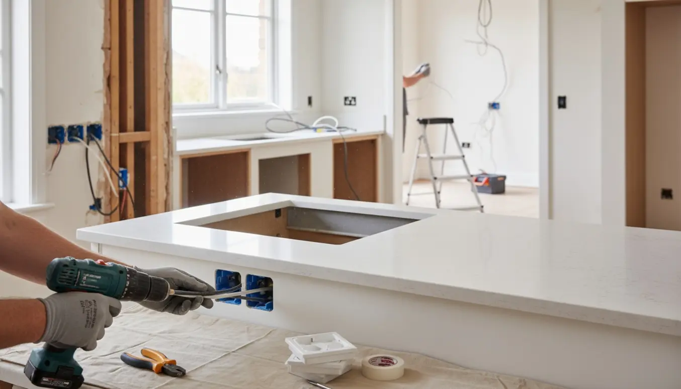 En elektriker installerer stikkontakter i et køkken, med trukne kabler til lyskontakt i et andet rum.