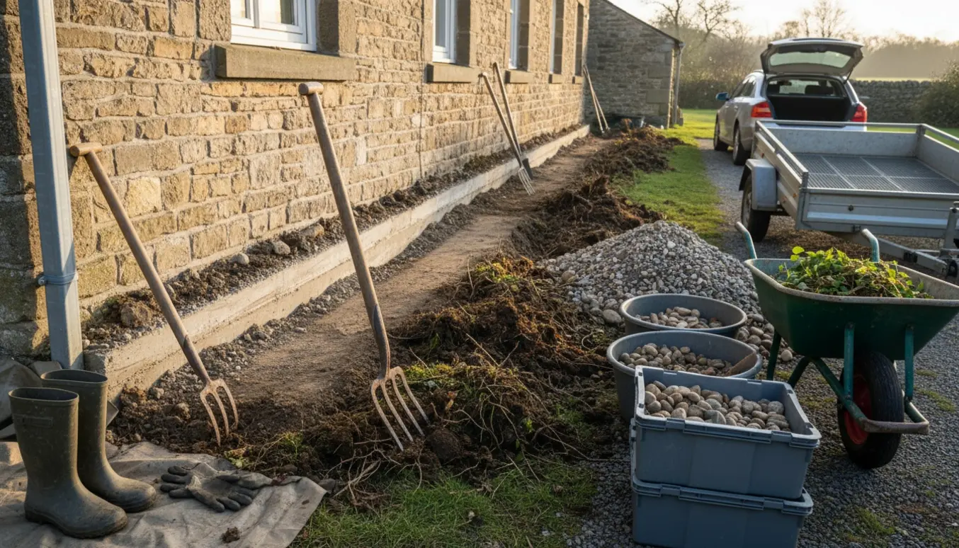 Lang, smal stenstribe langs husets sokkel med spade, trillebør og baljer fyldt med sten og haveaffald klar til bortkørsel.