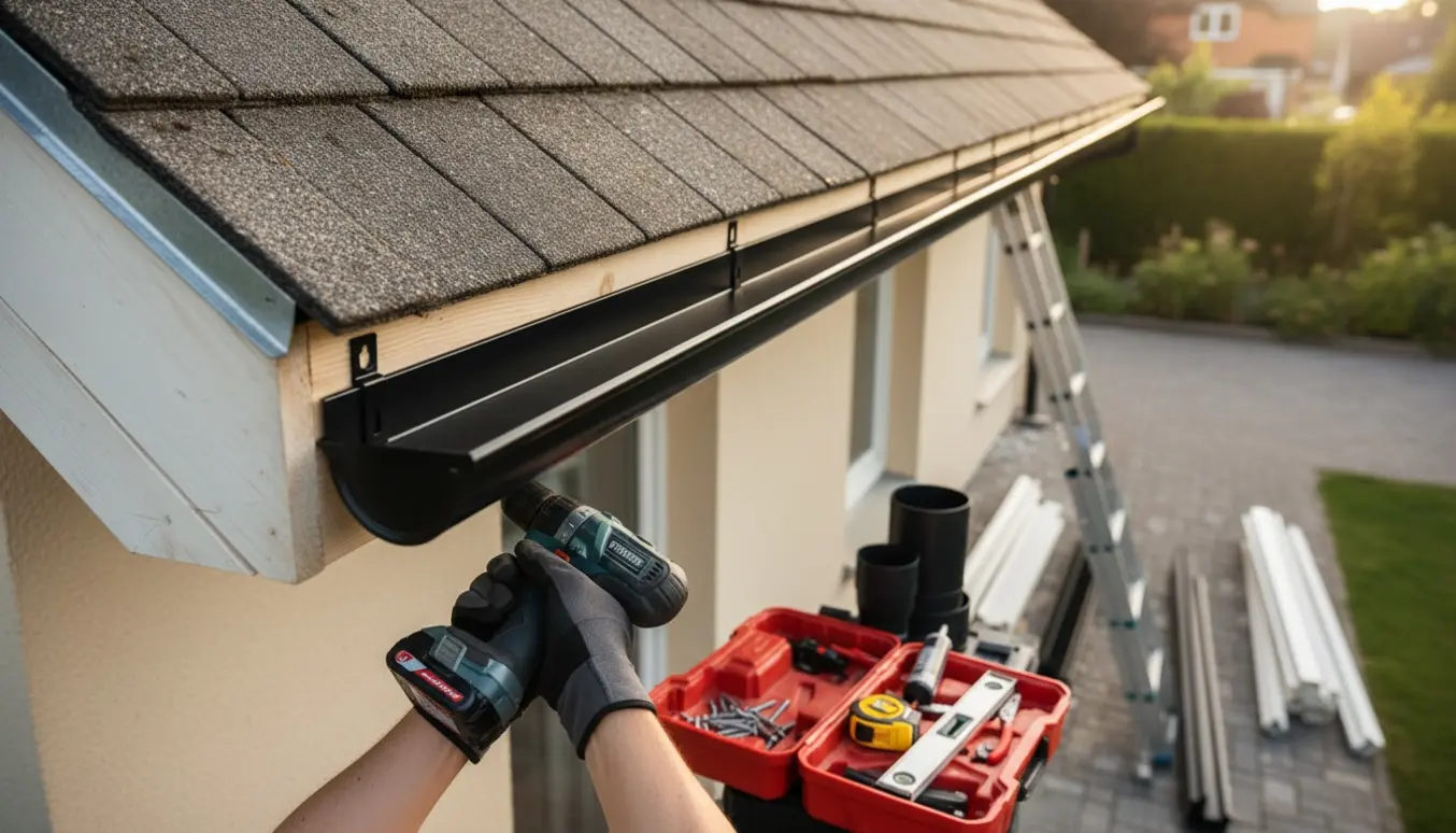 Montering af sort ståltagrende langs tagrenden med værktøj og gamle hvide rør lagt på jorden.