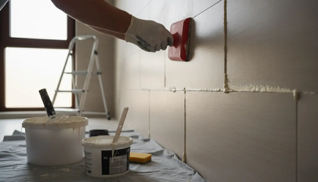 Nærbillede af handsker, der påfører epoxyfuge mellem nye badeværelsesfliser.