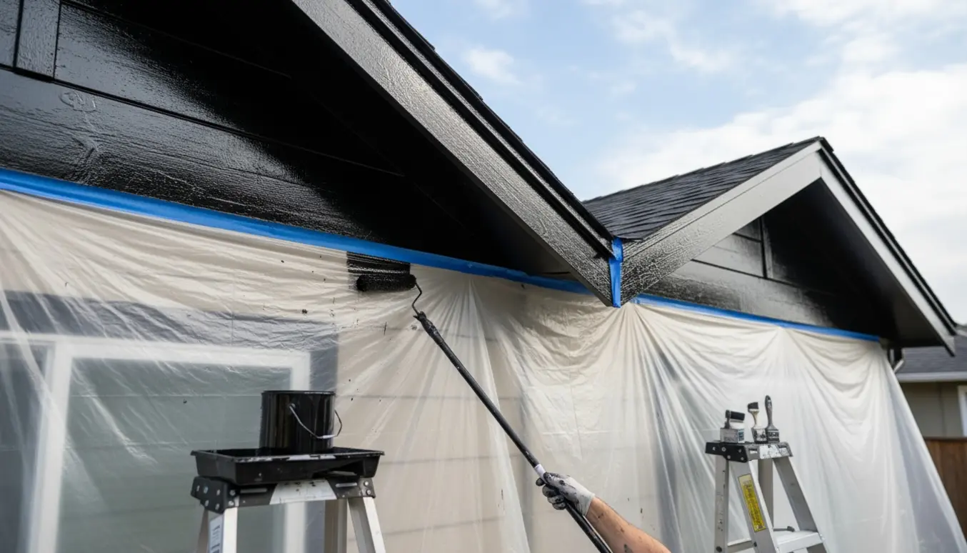 Nærbillede af en person, der maler husgavle, stern og udhæng sorte med pensel og rulle, mens plastafdækning og stige beskytter resten af huset.