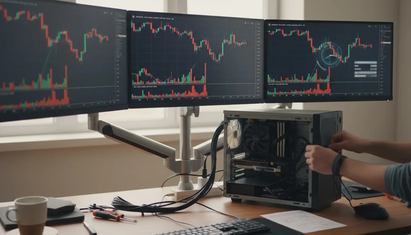 Tre store skærme monteret på et skrivebord med en åben PC, kabler og hænder, der tilslutter et grafikkort under opsætning.