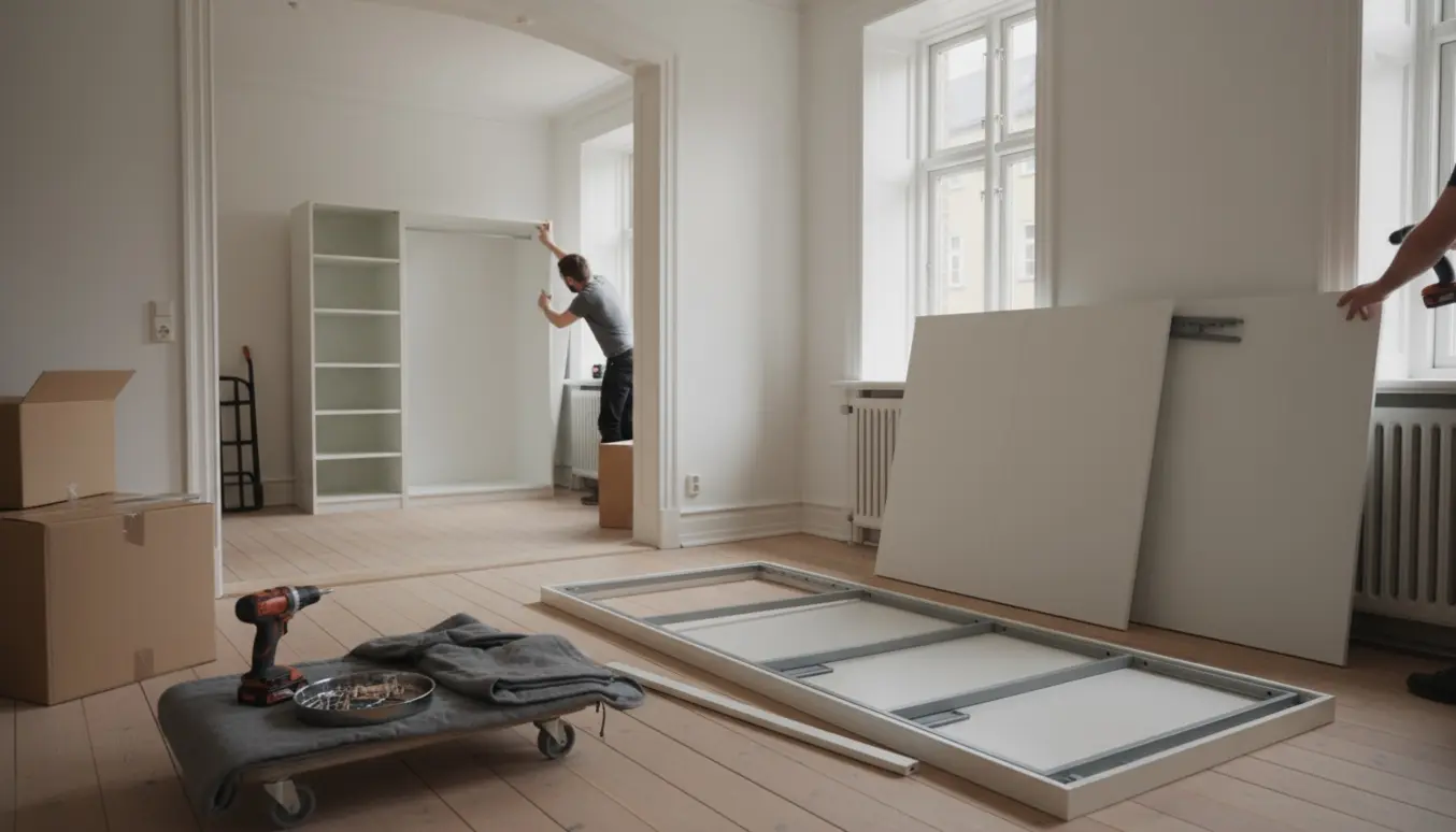 Delvist adskilt IKEA PAX-skab med værktøj og flyttekasser i en lys lejlighed på Nørrebro.