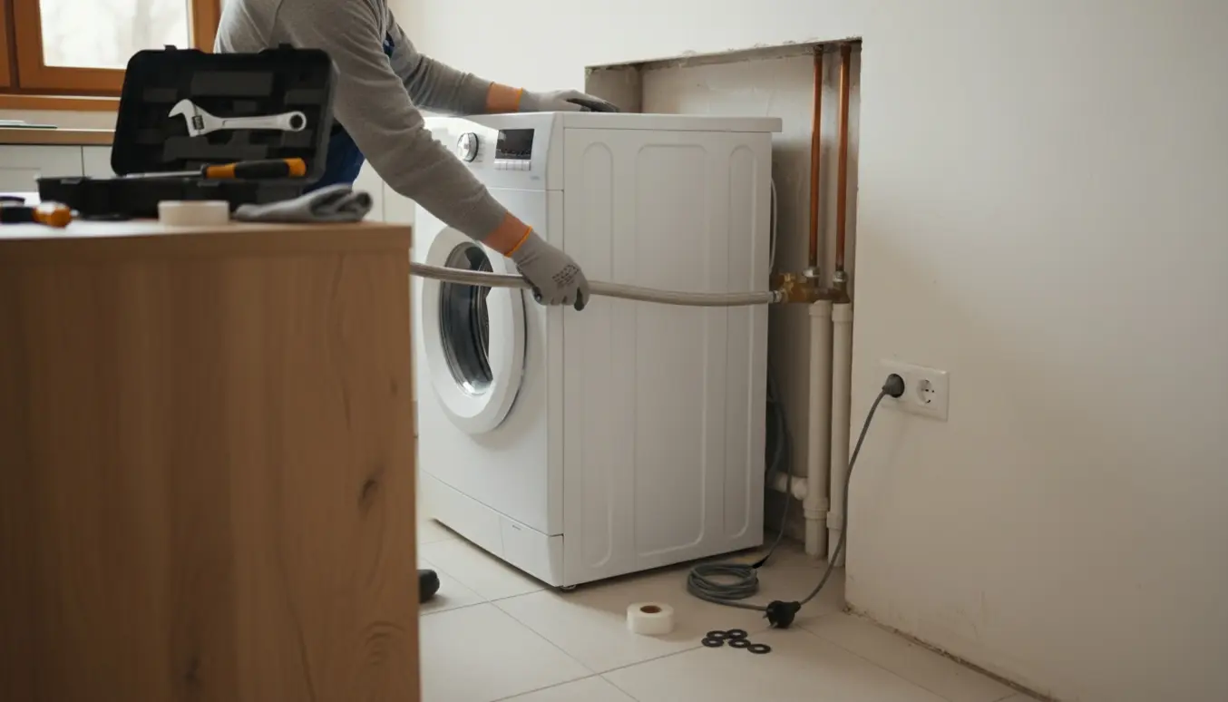 Vaskemaskine delvist installeret i et nedlagt køkken med eksponerede vandrør og en stikkontakt i baggrunden.