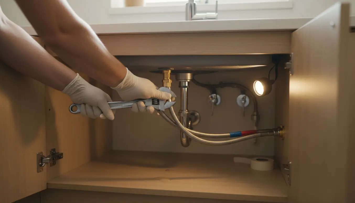 Hænder under køkkenvasken skifter de varme og kolde vandslanger på en vandhane.