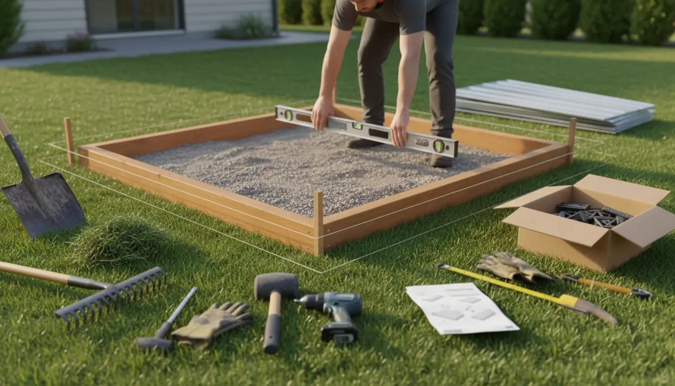 Forberedelse til opstilling af metal haveskur på udjævnet grus- og sandbund med værktøj og hænder i arbejde.