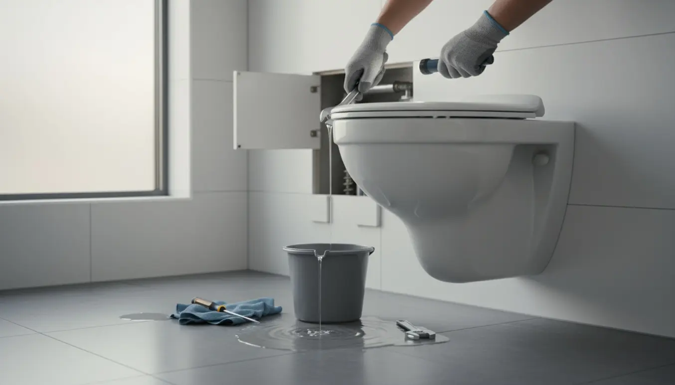 Hænder arbejder på en væghængt toilet med åben indbygget cisterne, hvor vand drypper i kummen.