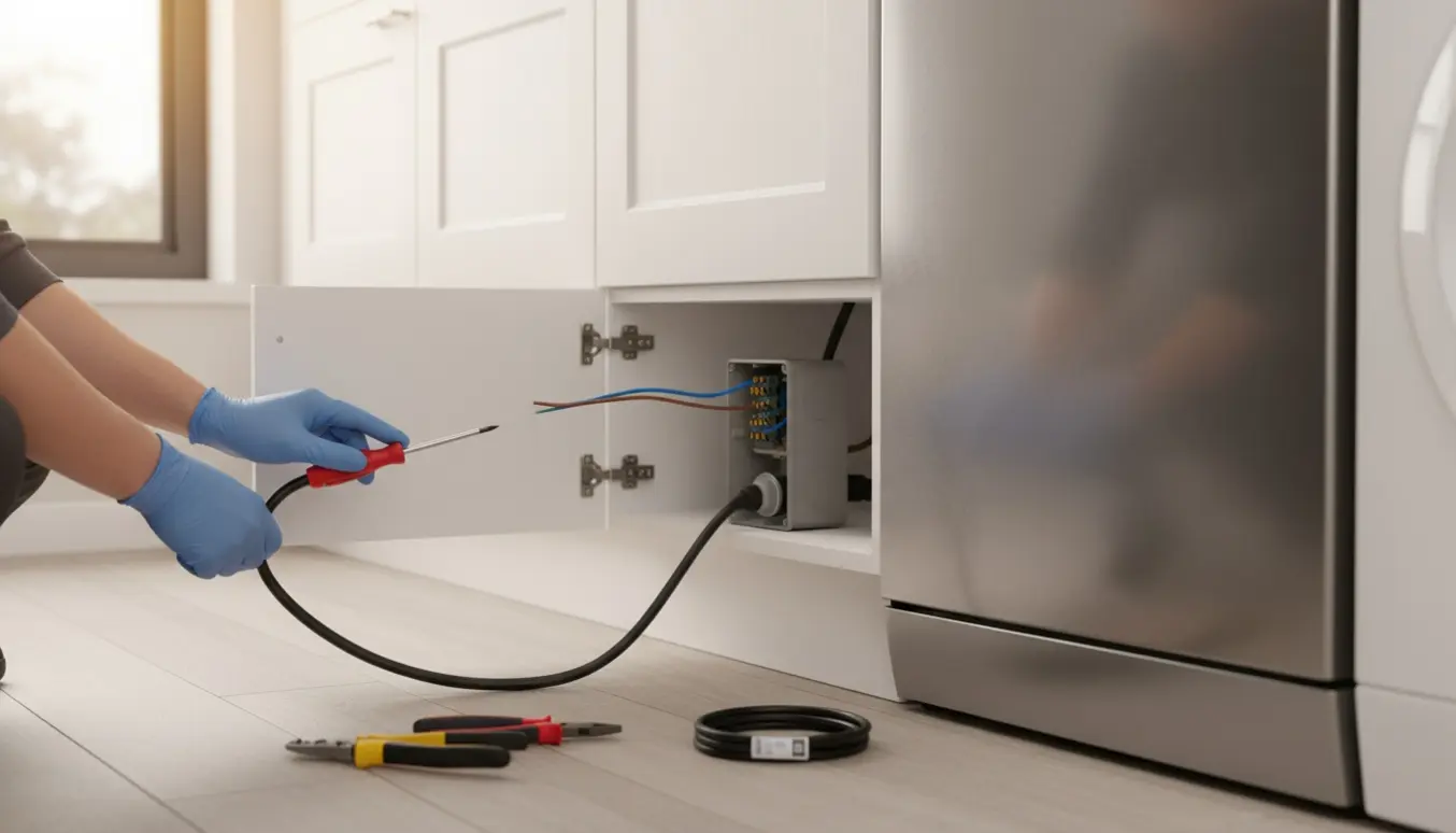 Hænder tilslutter vaskemaskinens el i en lille boks under køkkenvasken ved siden af opvaskemaskinen.