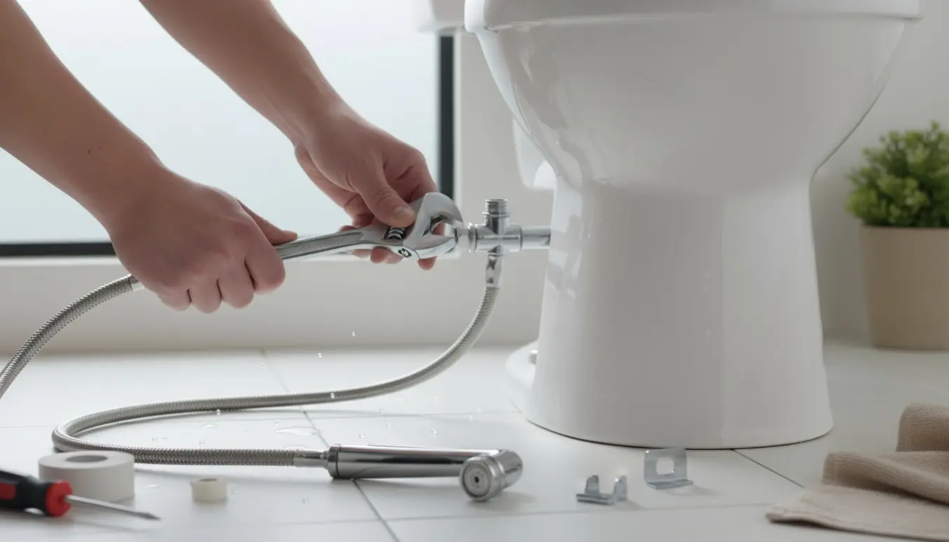 Nærbillede af hænder, der monterer en krom bidetbruser på et gulvmonteret toilet i et lyst, moderne badeværelse.