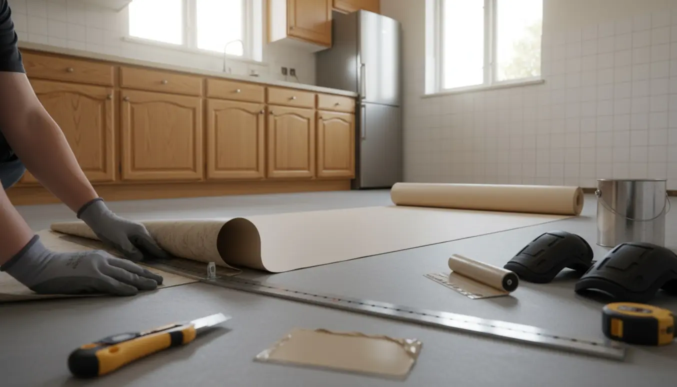 Udskiftning af linoleumsgulv i et køkken med ny linoleumrulle og værktøj, uden synlige ansigter.
